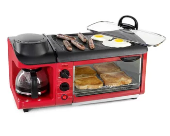 Ретро Электрическая станция для завтрака семейного размера 3 в 1, Кофеварка, Сковородка, Тостер - Ретро Красный тостер