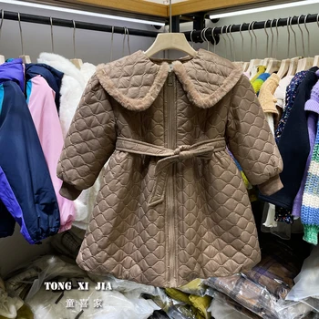 Плюшевая хлопчатобумажная одежда для девочек, Зимняя новая корейская детская одежда, Детская хлопчатобумажная куртка с бутоном в виде ромба, Хлопчатобумажная куртка средней длины