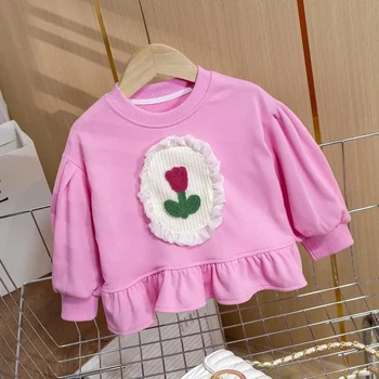 Детская одежда, Свитер для девочек, коллекция 2023 года, Весенне-осенний Новый Детский Модный свитер с цветочным рисунком, Нижняя рубашка, Корейская версия Верха