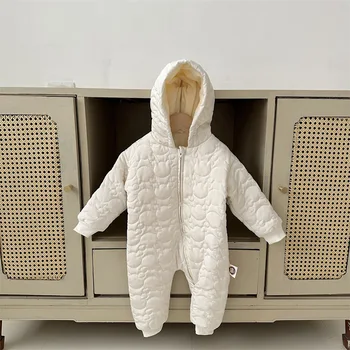 Детская одежда Зимняя утолщенная Цельнокроеная одежда для мальчиков с капюшоном и плюшевым боди, детский комбинезон 2023