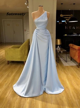 Небесно-Голубые Вечерние платья Русалки vestidos elegantes, Вечернее платье Для Женщин, Атласное Простое Длинное Вечернее платье на одно плечо, 2023