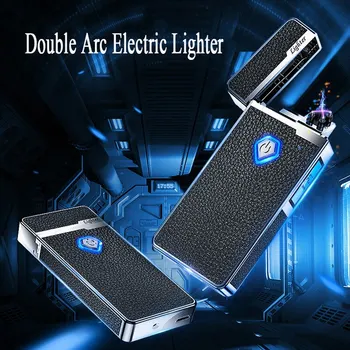 Плазменная USB Перезаряжаемая Электрическая зажигалка с двойной дугой, Импульсная Беспламенная Ветрозащитная светодиодная подсветка, цифровой дисплей мощности, Металлические зажигалки