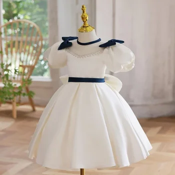 Платье принцессы для девочек с бантом и бисером, платье для крещения Годовалого ребенка, Белое платье для девочек, вечернее платье для вечеринки по случаю дня рождения