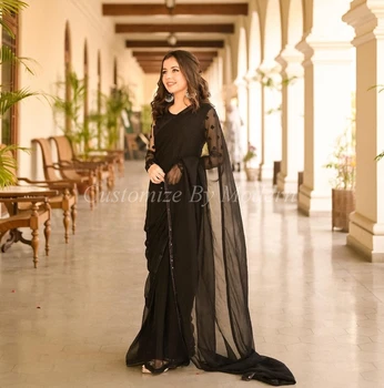 Черные шифоновые платья для выпускного вечера с длинными рукавами, облегающие платья с круглым вырезом, длина до пола, Саудовские Арабские Женские платья для выпускного вечера, вечернее платье