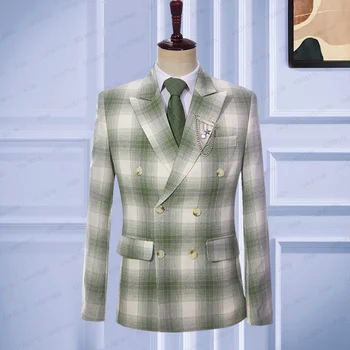 2023 Летний Новый Модный Мужской костюм Светло-зеленый Белый Классический Клетчатый Льняной Смокинг Жениха Повседневная Деловая Свадебная куртка Блейзеры Пальто