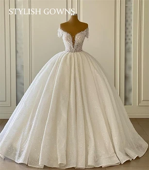 Роскошное белое бальное платье с открытыми плечами, пышное платье с пышным жемчугом, Свадебные платья, пышные свадебные платья, Robe De Bal