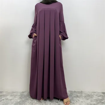Летняя плиссированная закрытая Абайя с круглым вырезом и рукавами-баллонами, исламская одежда, Скромные платья для женщин, повседневное мусульманское платье, однотонное