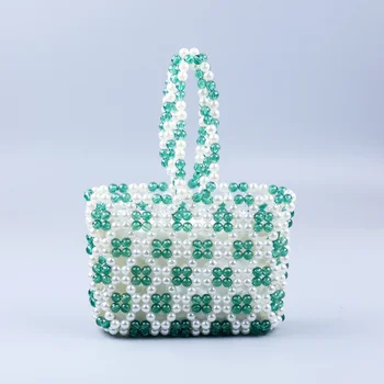 Зеленая Белая Вышитая бисером Выдолбленная Квадратная Акриловая сумка ручной работы, Модная Маленькая жемчужная сумка для подвешивания, женская сумка для вечеринки