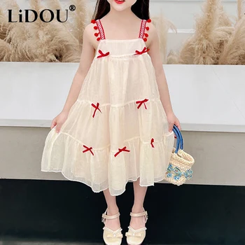 2023 Новое Летнее Корейское модное Эстетичное платье для девочек, Милое Шикарное Винтажное Милое детское платье Kawaii, Свободная Детская одежда