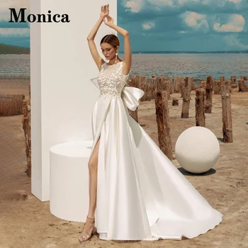 MONICA Свадебное платье на бретелях с бантом и открытой спиной для Невесты, Без рукавов С Круглым вырезом, Аппликации, Цветочный принт, Складки, Индивидуальное Vestidos De Novia