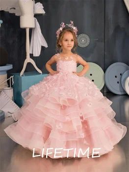Пышное Розовое платье с цветочным узором для Девочек, Красивое Платье для девочек, Платье Принцессы, Платье для Первого Причастия, Платье для свадебной вечеринки с длинными рукавами для девочек