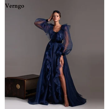 Verngo Элегантные темно-синие Вечерние платья из тюля с длинными Пышными рукавами, V-образным вырезом, оборками, с высоким разрезом, платья для выпускного Вечера с поясом, Одежда 2021 года