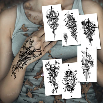 наклейка с поддельной татуировкой, черный череп, компас, змеиный крест, сексуальная татуировка для женщин, девушек, мужчин, временные татуировки на рукавах, повязка на руку