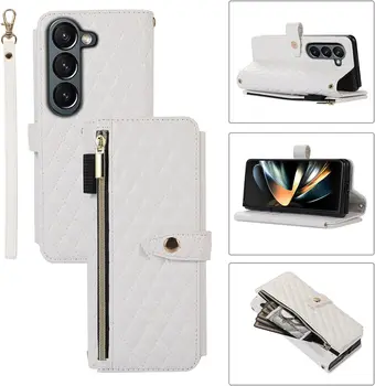 чехол для телефона Samsung Galaxy Z Fold 5 5G, Роскошная Противоударная Искусственная Кожа, Чехол-бумажник с отделением для карт на молнии, Модный подарок через плечо
