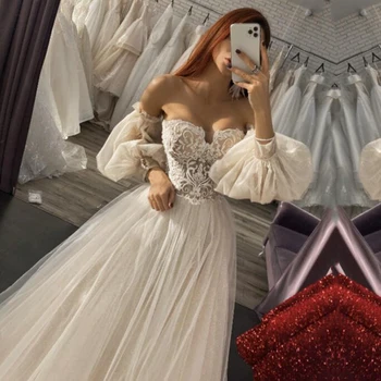 Свадебное платье в стиле бохо 2022, кружевная аппликация в виде сердечка, трапециевидное платье с пышными рукавами, элегантное свадебное платье принцессы, платья для невесты