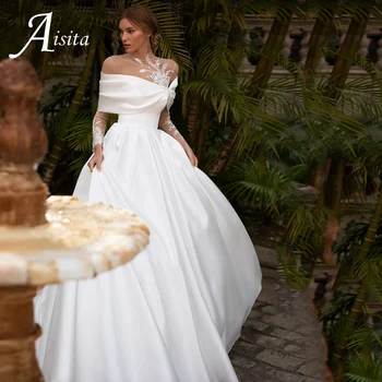 Интригующее Свадебное платье Трапециевидной формы с высоким вырезом и открытыми плечами, Свадебное платье с кружевной аппликацией, Иллюзионные рукава, Свадебное платье со шлейфом