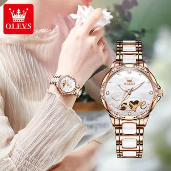 OLEVS 6613, автоматические механические часы высокого качества для женщин, водонепроницаемый модный керамический ремешок, женские наручные часы