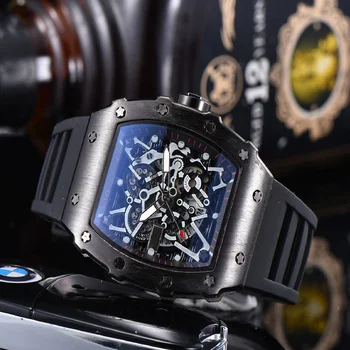 2023 мужские кварцевые часы RM высокого качества с бриллиантами, полая стеклянная задняя крышка, корпус из нержавеющей стали, часы, черная резина