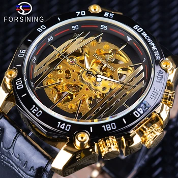 Forsining, большой циферблат, дизайн в стиле стимпанк, Роскошный золотой механизм, мужские креативные Ажурные часы, автоматические механические наручные часы