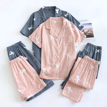 Летняя новая пара пижам, комплект из трех предметов с короткими рукавами + шорты + брюки, 100% хлопковая газовая мужская и женская домашняя одежда