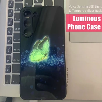 Бабочка Красочный Светодиодный Светящийся Чехол Для Телефона из Закаленного Стекла с Задней стороны для iPhone 11 12 13 14 15 X Xs Xr Mini Pro Max Plus