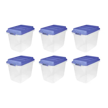 Увесистый 32 Qt. Прозрачный пластиковый контейнер для хранения с синей подъемной крышкой, 6 упаковок