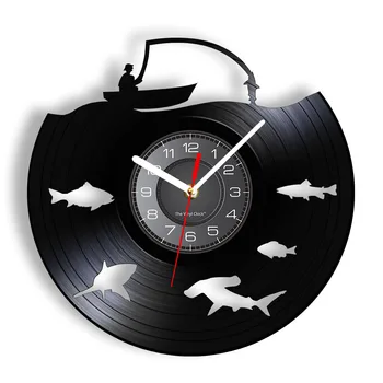 Вывеска для рыбалки Нахлыстом Мужская вечеринка Декор Пещеры Современные Настенные часы Большая рыба На крючке Виниловая Пластинка Настенные часы Подарок Папе-Рыбаку