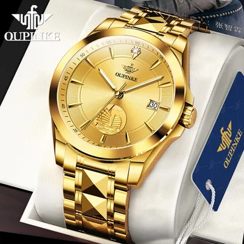 Мужские Автоматические механические часы Люксового бренда OUPINKE, браслет из вольфрама и нержавеющей стали, часы с натуральным бриллиантом, Золотосодержащие часы