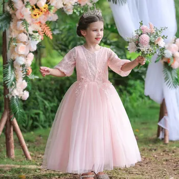 Модные платья с цветочным узором для девочек на свадьбу, летнее детское платье подружки невесты, кружевные вечерние платья для девочек с коротким рукавом от 5 до 14 лет