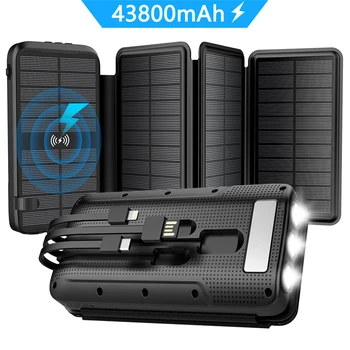 43800 мАч Солнечный аккумулятор Быстрое беспроводное зарядное устройство Qi для iPhone 12 Samsung Huawei Xiaomi Poverbank PD 20 Вт Быстрая зарядка Powerbank