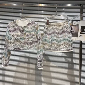 Новая осенняя коллекция PREPOMP 2023, Короткая куртка с разноцветными блестками, Мини-юбка, Комплект из двух предметов, женская одежда GL259