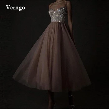 Вечерние платья из блестящего пыльно-розового тюля Verngo, платье Миди на бретельках для выпускного вечера, женское праздничное платье разного стиля