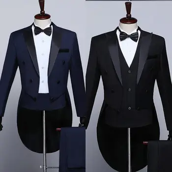 Высококачественные мужские брючные костюмы, 3 предмета, Смокинги для женихов, свадебная вечеринка, Черный деловой деловой костюм, Двубортное пальто + жилет + брюки