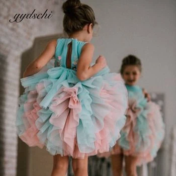 Свадебные платья для девочек в цветочек, без рукавов, голубовато-розовое бальное платье с аппликацией, Милое тюлевое Элегантное пляжное платье длиной до колен, вечернее платье в складку