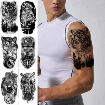 Модные водонепроницаемые поддельные татуировки с тигром, временные наклейки с татуировками, Механический Череп, Волк, Лев, Джунгли, роза, поддельные татуировки для мужчин и женщин