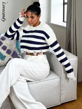 Женский полосатый вязаный укороченный пуловер с дырками, Свитер, Женские модные Пуловеры с длинными рукавами и круглым вырезом, Весенние женские укороченные пиджаки, топы