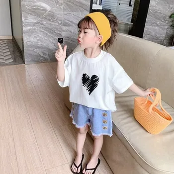 Футболка с коротким рукавом, новая детская футболка в иностранном стиле, корейская версия, футболка Love White, верхняя одежда для больших детей