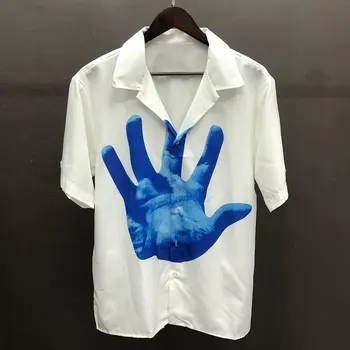 Новая модная рубашка с принтом ладони, Повседневная мужская рубашка с коротким рукавом, Уличная летняя Camisa Masculina, контрастная синяя рубашка