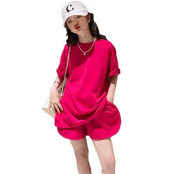 Комплект одежды для девочек-подростков, Летний Модный Новый Красный Топ с коротким рукавом, Футболка + Шорты, Спортивный комплект из 2 предметов, Хлопковая детская одежда