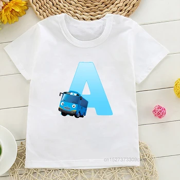 Новинка, лидер продаж, Милая детская футболка с надписью A, B, C Для мальчиков, Tayo Blue, Маленький автобус, Детская одежда, топы в кавайном стиле