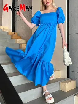 Женское Летнее платье Макси Королевского синего цвета из 100% хлопка Трапециевидной Формы, Повседневное Женское Платье Миди, Длинные Винтажные Элегантные Платья для Женщин 2023