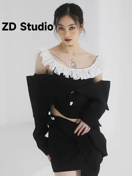 [ZD Studio] Короткая куртка с открытыми плечами и оборками, Новое женское пальто с длинным рукавом и вырезом лодочкой, весна-осень 2023