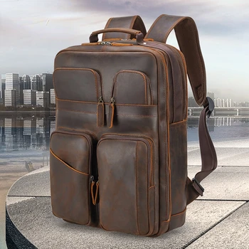 Уличный кожаный рюкзак, многофункциональный рюкзак из воловьей кожи, большой емкости, деловой 15,6-дюймовый компьютерный рюкзак для мужчин