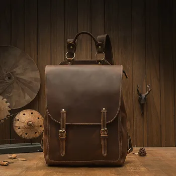 Винтажный модный мужской рюкзак из воловьей кожи Crazy horse, 16-дюймовый рюкзак для ноутбука, для ежедневных путешествий на открытом воздухе, большой емкости, коричневый рюкзак