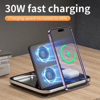 Быстрая беспроводная зарядка 30 Вт, RGB ночник, держатель для мобильного телефона, Многофункциональная беспроводная зарядная подставка 3 в 1 для iPhone Samsung