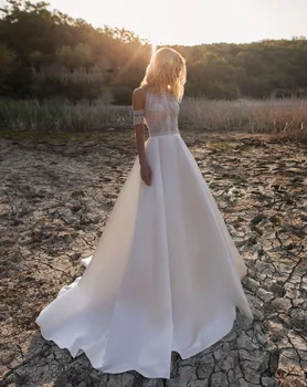 Свадебные платья в богемном стиле 2019, Кружевные атласные Свадебные платья, Свадебное платье Трапециевидной формы на пуговицах сзади