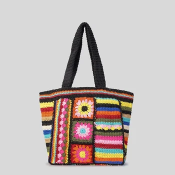 Женская вязаная сумка-тоут в богемном стиле с яркими цветами