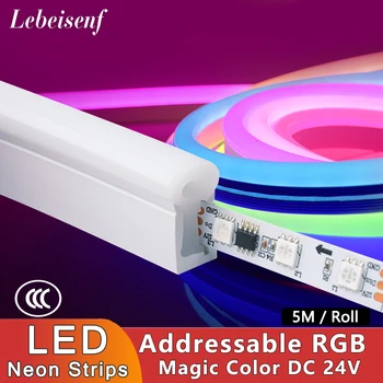 Светодиодная Волшебная Цветная Неоновая Световая Лента SMD 5050 60 светодиодов/М DC 24V IP68 Полностью Водонепроницаемый ПВХ Гибкий Силиконовый RGB Цифровой Пиксельный Светильник Bar