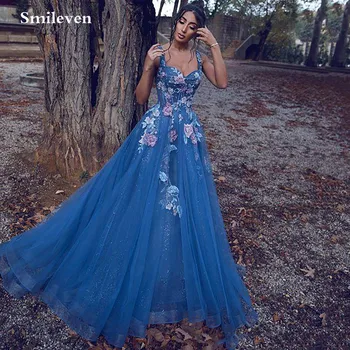 Вечернее платье из цветастого слоеного тюля Smileven синего цвета с 3D цветочным рисунком, вечернее платье для выпускного вечера, кружевное вечернее платье Vestido de festa longo