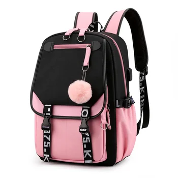 Большие школьные сумки для девочек-подростков, USB-порт, холщовый школьный рюкзак, студенческая сумка для книг, модный Черный Розовый школьный рюкзак для подростков
